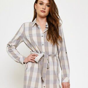 MYSTREE Plaid Button Down Shirt Dress w/ Belt Pockets Neutral Beige Gray
